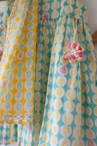 Green and white hand block printed cotton top dhoti and dupatta set