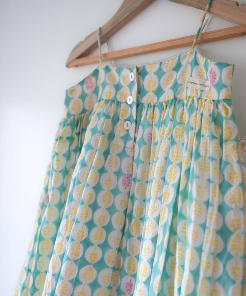 Green and white hand block printed cotton top dhoti and dupatta set