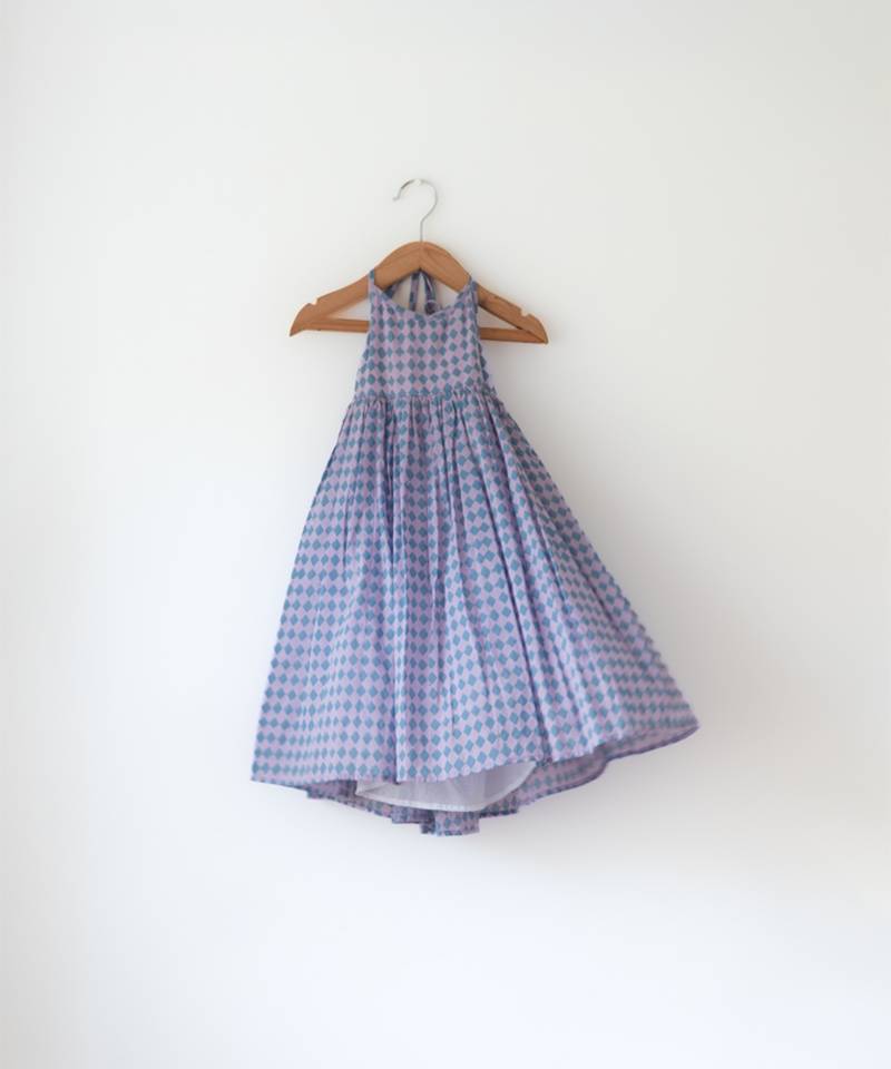 Purple hand block printed cotton maxi frock dress