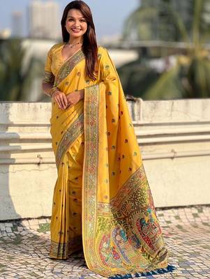 Yellow kalamkari zari silk blend designer banarasi saree 1