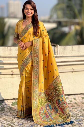 Yellow kalamkari zari silk blend designer banarasi saree