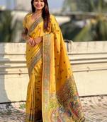 Yellow kalamkari zari silk blend designer banarasi saree