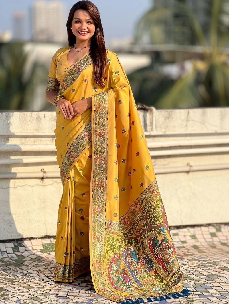 Yellow kalamkari zari silk blend designer banarasi saree