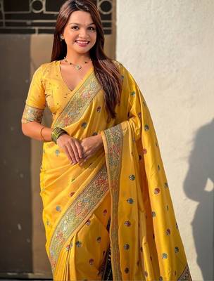 Yellow kalamkari zari silk blend designer banarasi saree 2