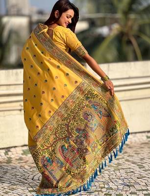 Yellow kalamkari zari silk blend designer banarasi saree 3