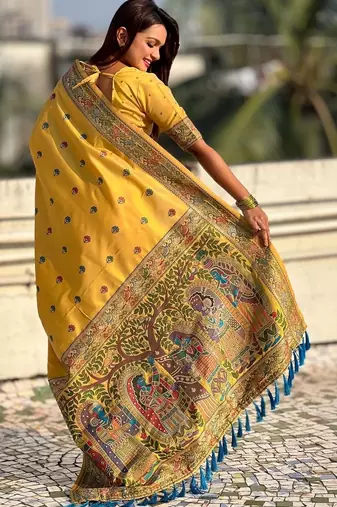 Yellow kalamkari zari silk blend designer banarasi saree
