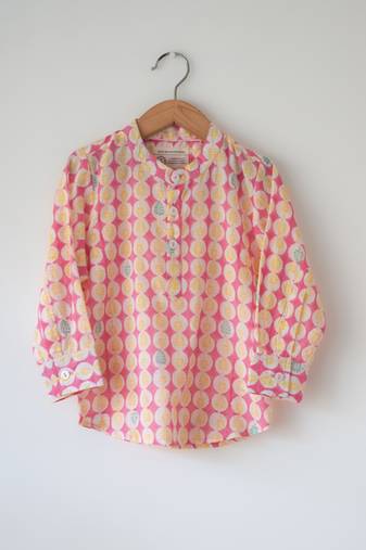Pink monstera hand block printed cotton kurta