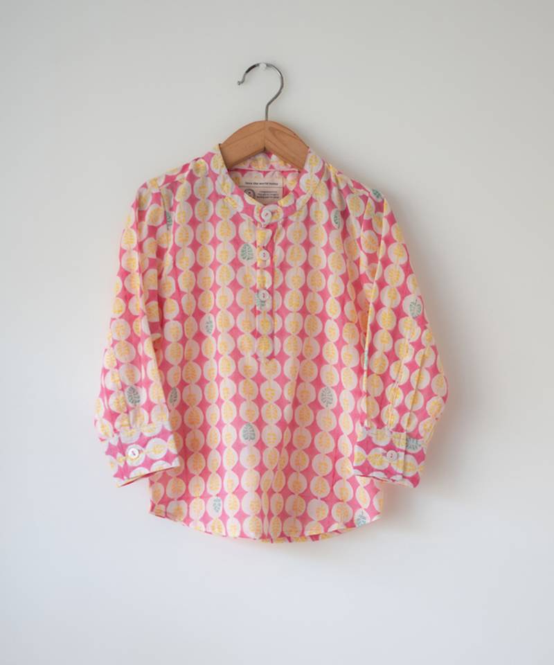 Pink monstera hand block printed cotton kurta