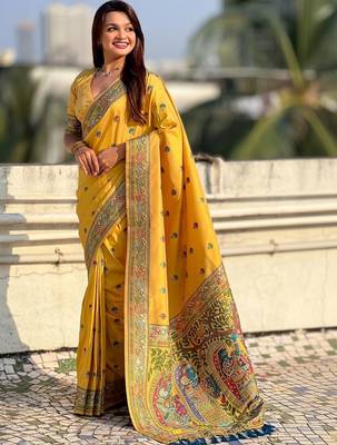 Yellow kalamkari zari silk blend designer banarasi saree 4