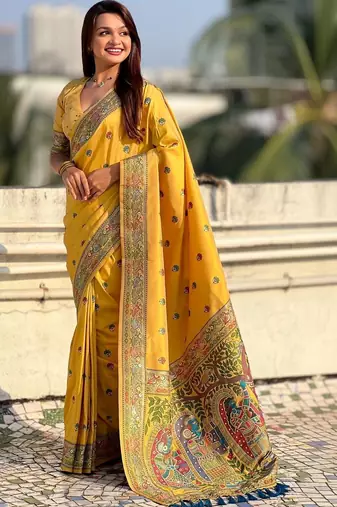 Yellow kalamkari zari silk blend designer banarasi saree