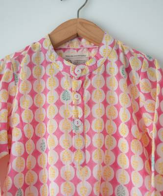 Pink monstera hand block printed cotton kurta 3