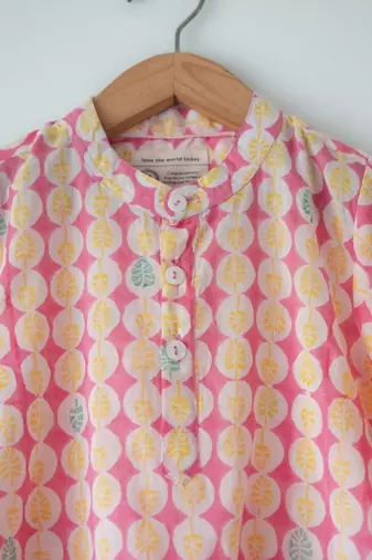 Pink monstera hand block printed cotton kurta