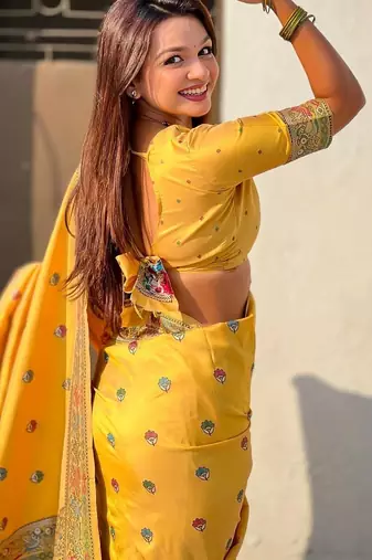 Yellow kalamkari zari silk blend designer banarasi saree