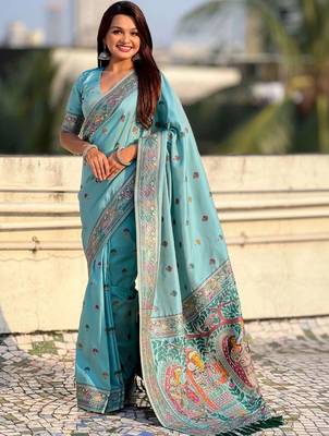 Turquoise warli embroidered silk blend designer banarasi saree 1