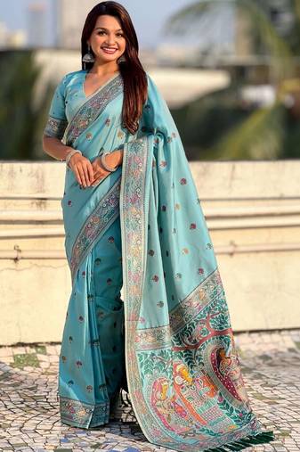Turquoise warli embroidered silk blend designer banarasi saree