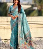 Turquoise warli embroidered silk blend designer banarasi saree