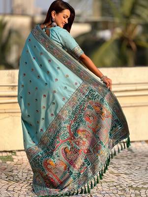 Turquoise warli embroidered silk blend designer banarasi saree 3