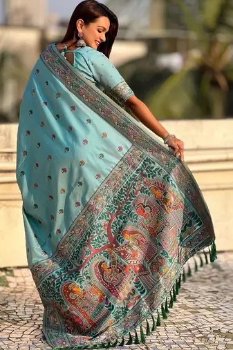 Turquoise warli embroidered silk blend designer banarasi saree