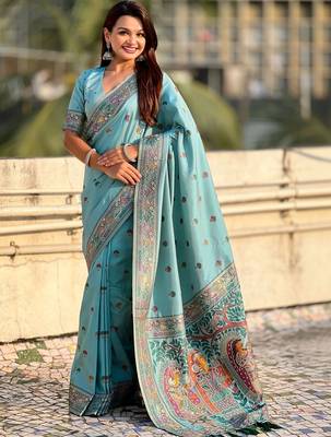 Turquoise warli embroidered silk blend designer banarasi saree 4