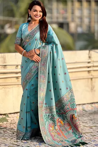 Turquoise warli embroidered silk blend designer banarasi saree