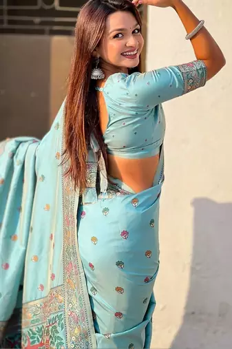 Turquoise warli embroidered silk blend designer banarasi saree