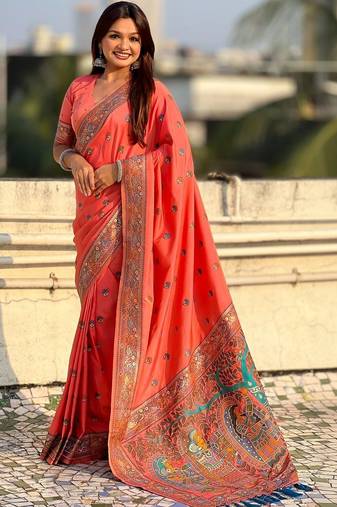 Peach floral zari silk blend designer banarasi saree