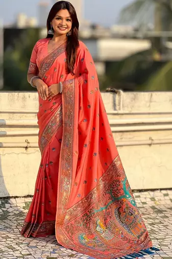 Peach floral zari silk blend designer banarasi saree