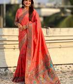 Peach floral zari silk blend designer banarasi saree