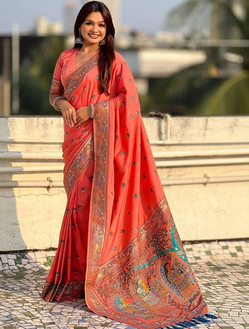 Peach floral zari silk blend designer banarasi saree