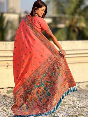 Peach floral zari silk blend designer banarasi saree 3