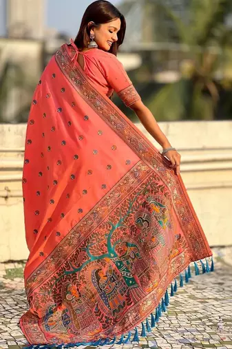 Peach floral zari silk blend designer banarasi saree