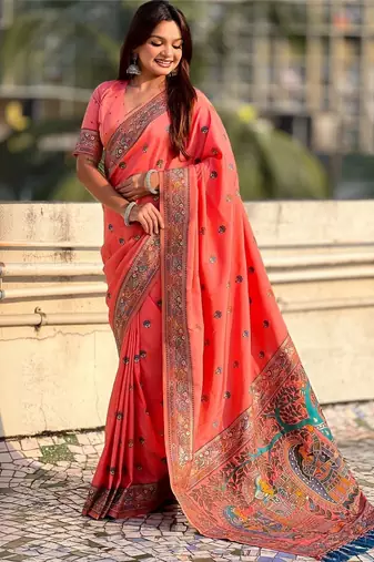 Peach floral zari silk blend designer banarasi saree