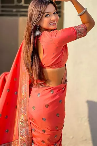 Peach floral zari silk blend designer banarasi saree