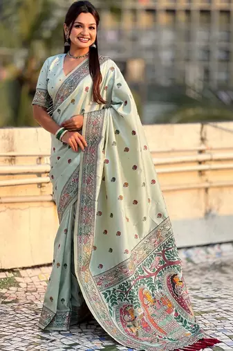 Green women floral embroidered silk blend designer banarasi saree