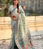 Green women floral embroidered silk blend designer banarasi saree