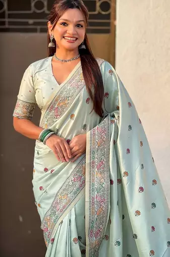 Green women floral embroidered silk blend designer banarasi saree