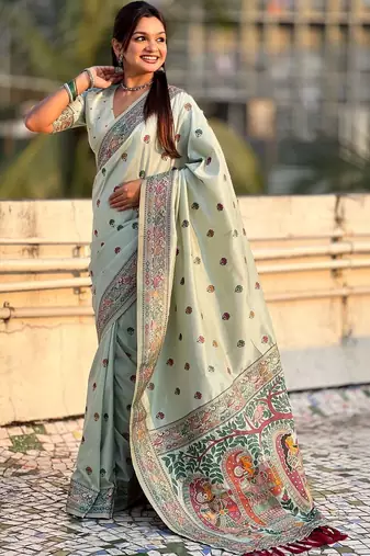 Green women floral embroidered silk blend designer banarasi saree