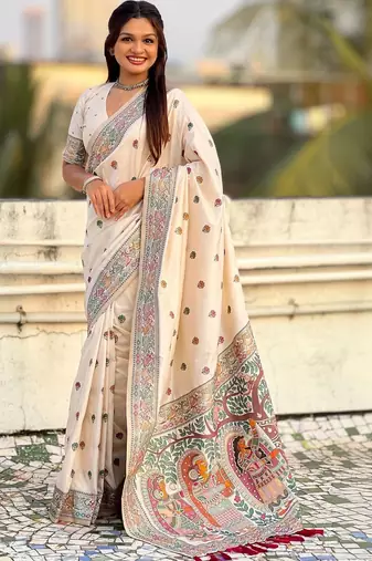 Cream floral embroidered silk blend designer banarasi saree