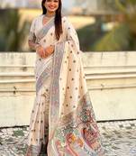 Cream floral embroidered silk blend designer banarasi saree
