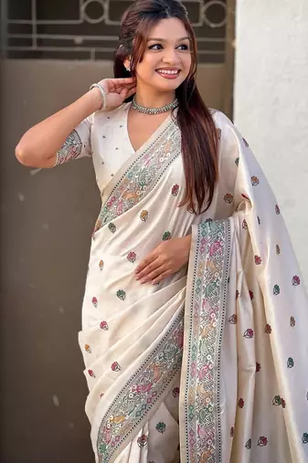 Cream floral embroidered silk blend designer banarasi saree