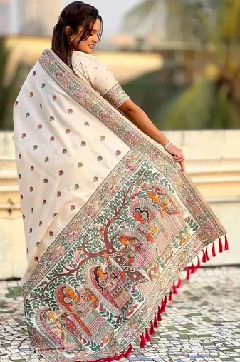Cream floral embroidered silk blend designer banarasi saree