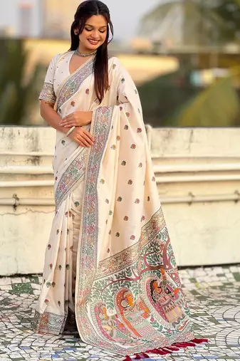 Cream floral embroidered silk blend designer banarasi saree