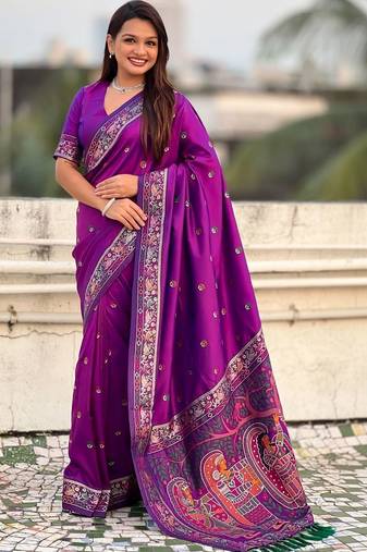 Purple floral embroidered silk blend designer banarasi saree