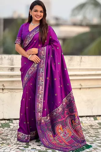 Purple floral embroidered silk blend designer banarasi saree