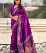 Purple floral embroidered silk blend designer banarasi saree