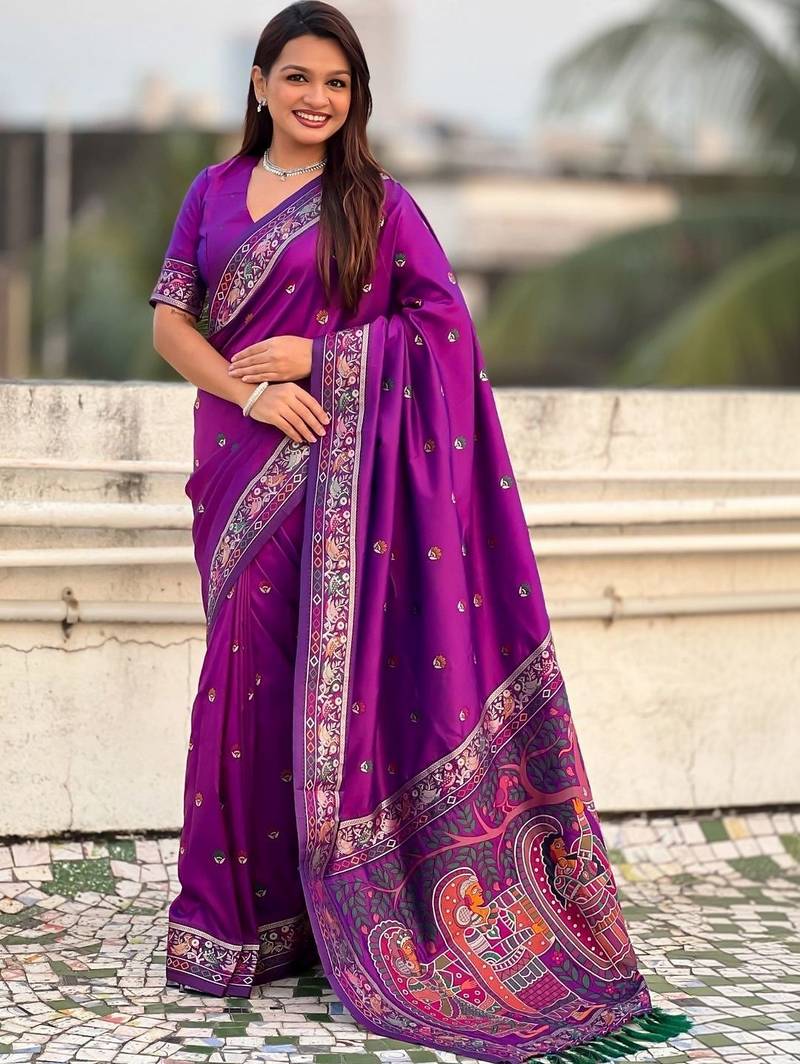 Purple floral embroidered silk blend designer banarasi saree