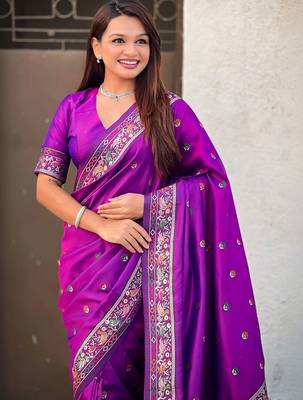 Purple floral embroidered silk blend designer banarasi saree 2