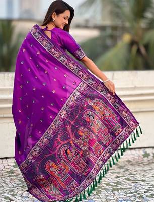Purple floral embroidered silk blend designer banarasi saree 3