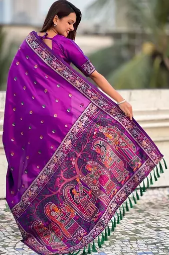 Purple floral embroidered silk blend designer banarasi saree