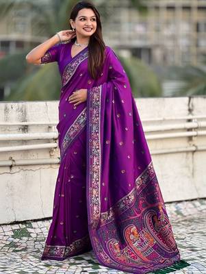Purple floral embroidered silk blend designer banarasi saree 4